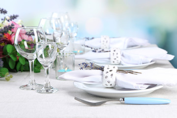 Dining table setting with lavender flowers
