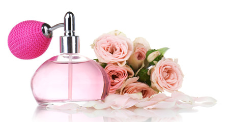 Naklejka premium Perfume bottle with roses isolated on white