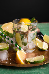 Fresh ingredients for mojito on old tray