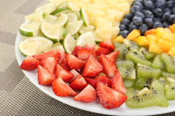 Sliced fruits on plate on table