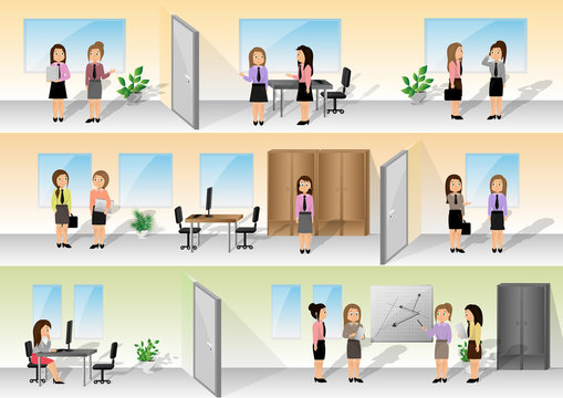 Businesswomen In Office Set - Vector Illustration