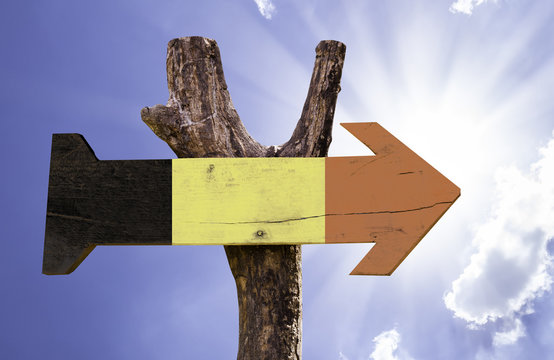 Belgium wooden sign on a beautiful day
