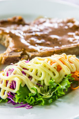 Closeup image of steak dish and salad