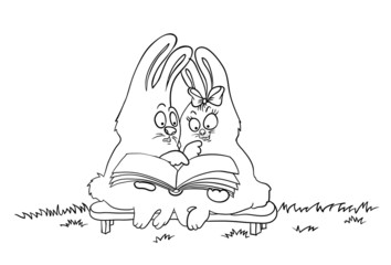 cartoon rabbits read a book, vector illustration