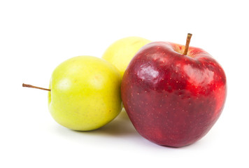 Green and red apple on white background
