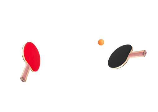 Rackets for ping-pong playing ball on white background