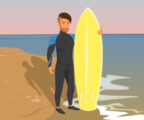 Hipster guy wearing diving suit with yellow surfboard on the