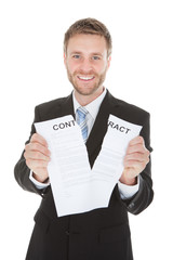 Happy Businessman Tearing Contract Paper