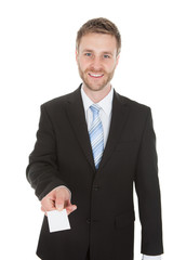 Happy Businessman Holding Visiting Card