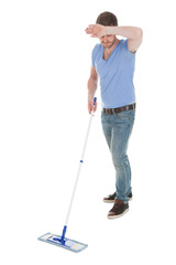 Tired Man Mopping Floor Over White Background