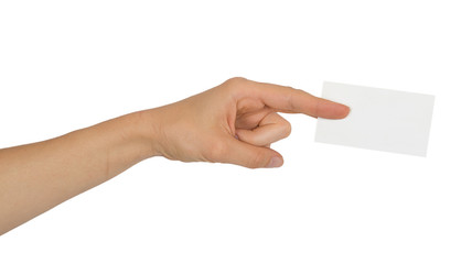 Fototapeta premium Female hand holding a white business card