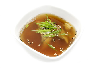 Japanese soup with prawns on a white background