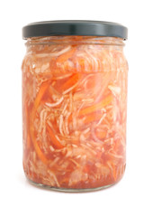 Preserved cabbage and carrot salad in glass jar