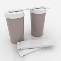 Plastic fast food glasses with tubules and chocs on white