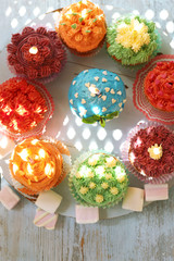 Tasty cupcakes on table, close up