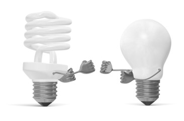 White spiral light bulb and tungsten one fighting with fists