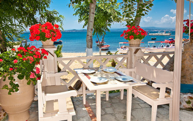 Restaurant terace in Ouranoupolis, Greece.