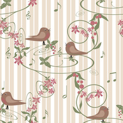 Seamless floral background with flowers and birds on white beige