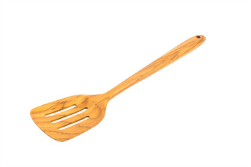 Wooden spade of frying pan on white background
