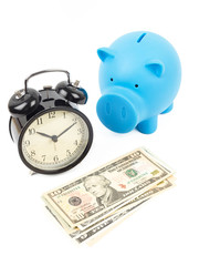 Alarm clock, piggy bank, and dollar banknote concept for saving