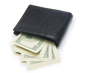 Leather wallet with money isolated on white background