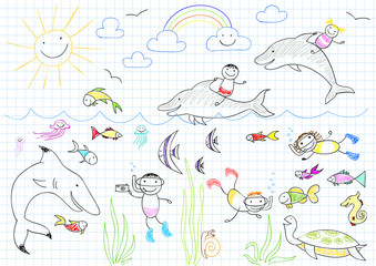Happy children and sea animals