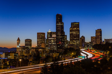 Fototapeta na wymiar Seattle Skyline and Freeways at Dusk