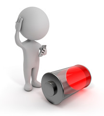 3d cute people - holding smartphone with low red battery