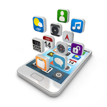 Smartphone apps, touchscreen smartphone with application icons