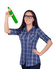 Girl with Glasses Holding Giant Green Pencil