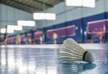 A shuttlecock on the ground in the Badminton court