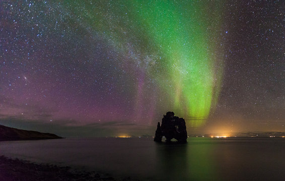 Beautiful \\Northern light over hvitserkur sea stack, Iceland