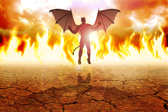 Silhouette illustration of the Devil against fire background