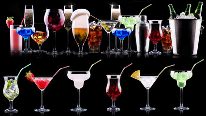 different alcohol drinks set