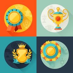 Backgrounds with trophy and awards in flat design style.