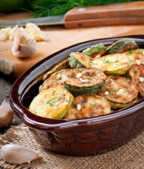 Fried zucchini in an old ceramic bowl