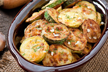 Fried zucchini in an old ceramic bowl