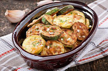 Fried zucchini in an old ceramic bowl