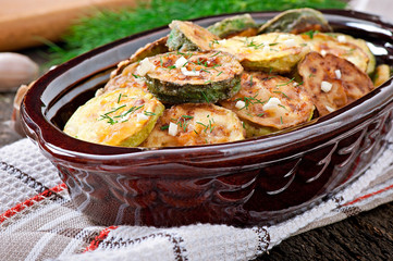 Fried zucchini in an old ceramic bowl