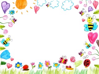 meadow frame child drawings background isolated on white - 68308738