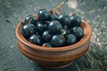 Black currant in a ceramic bowl on wooden background