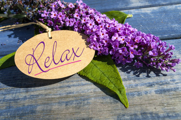 Flieder auf Holz mit Schild und Relax