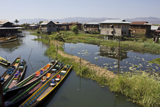 Typical floating houses on Inle Lake, Myanmar.  