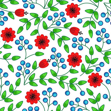 seamless pattern with leaves, flowers and berries