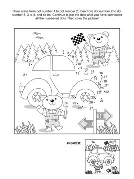 Dot-to-dot and coloring page - car and bear mechanics