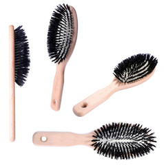 Collage of wooden hairbrushes isolated on white
