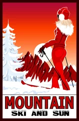 Fotobehang Poster van een vrouw die aan het skiën is in de witte besneeuwde bergen © Isaxar