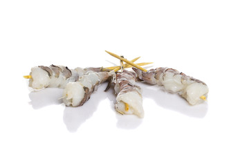 Raw eby shrimp isolated on white background. Shashlik
