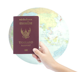 Little hand hold passport, travel concept.