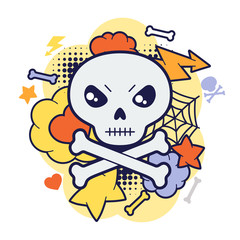 Halloween kawaii print or card with cute doodle skull.